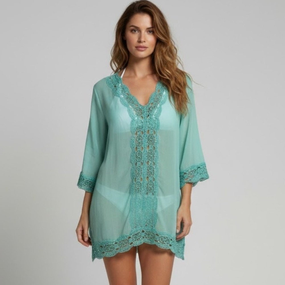Isaac Mizrahi Women Med Turquoise Lace Trim Sheer Beach Cover‎ Up Tunic Swimwear